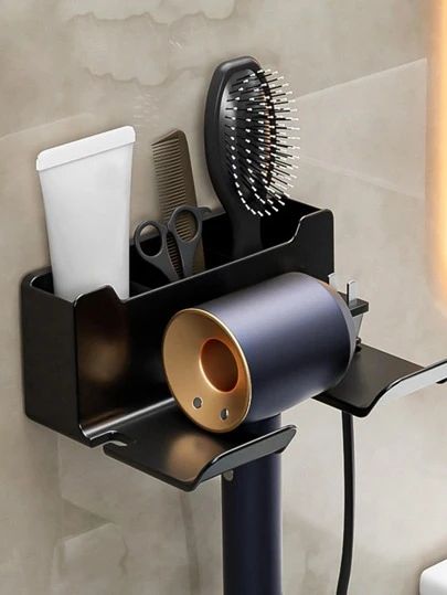 Hair Dryer Organizer, Hair Dryer Stand, Wall Mounted Storage Shelves, Hair Dryer Storage, Wc Bathroom, Wall Mounted Hair Dryer, Dryer Stand, Dyson Hair Dryer, Shelf Bathroom