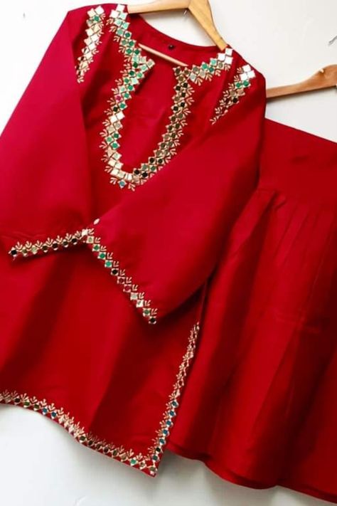 Beautiful katan silk mirror work and stitch dress and with gharara Mirror Work Dress, Top Designs For Women, Silk Dress Design, Stitch Dress, Cotton Frocks, Silk Clothes, Kurti Embroidery Design, Kurti Neck Designs, Long Frocks