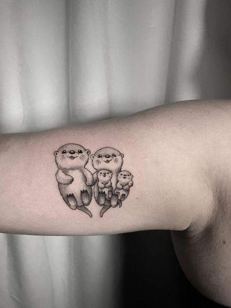 Otter Family Tattoo, Otter Couple Tattoo, Matching Otter Tattoos, Otter Tattoo Holding Hands, Tattoo Ily, Otters Tattoo, Cute Otter Tattoo, Small Otter Tattoo, Bear Outline Tattoo