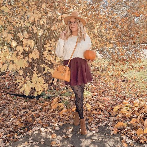 Gorgeous Burgundy Corduroy Skirt, Diamond tights, sweater weather, fall fashion, michael kore bag, fall style Burgundy Corduroy Skirt Outfit, February Outfits, Corduroy Skirt Outfit, Diamond Tights, Fit And Flare Skirt, Cold Weather Fashion, Corduroy Skirt, Fall Style, Outfits Ideas