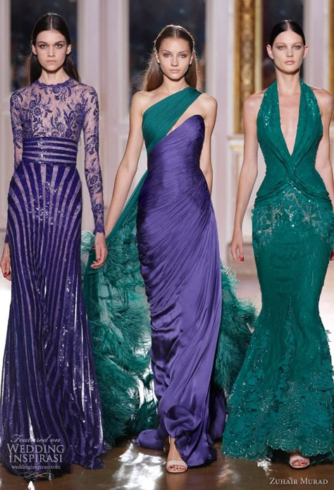 zuhair murad fall winter 2012 2013 couture collection blue green dresses (love the middle one!) Blue Green Dress, Ghagra Choli, Couture Wedding, Zuhair Murad, Purple And Green, Closet Space, Couture Gowns, Designer Gowns, Gorgeous Gowns