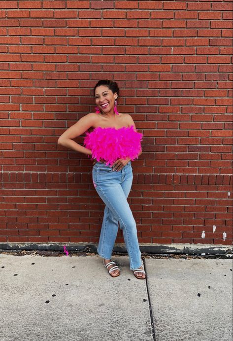 Hot Pink Feather Top, Feathered Top Outfit, Diy Feather Top, Pink Feather Top Outfit, Hot Pink Bachelorette Party Outfit, Pink Feather Top, Hot Pink Outfit Ideas, Feather Top Outfit, Unique Prom Dresses Long