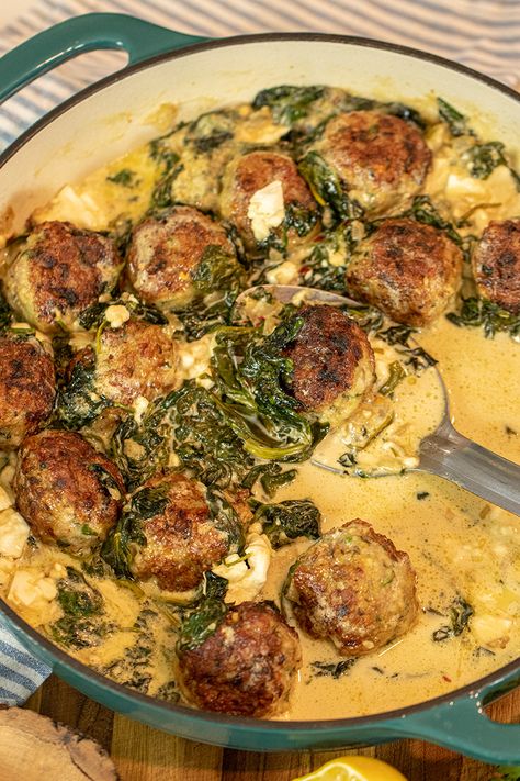 Chicken Meatballs in a Spinach & Feta Cream Sauce - Dimitras Dishes Spinach Feta Chicken, Feta Sauce, Dimitras Dishes, Spinach Meatballs, Meatball Dinner, Chicken Meatball, Feta Chicken, Spinach Feta, Greek Dishes