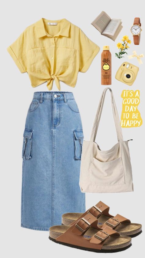 #yellow #aesthetic #summer #modestoutfit #summeraesthetic #spring #casual #jeanskirt #skirt #christiangirl #schoolfit #beach #outfit #modest #outfitideas Modest Girly Outfits, Modest Casual Outfits, Modesty Outfits, Cute Modest Outfits, Everyday Fashion Outfits, Casual Day Outfits, Quick Outfits, Easy Trendy Outfits, Modest Fashion Outfits