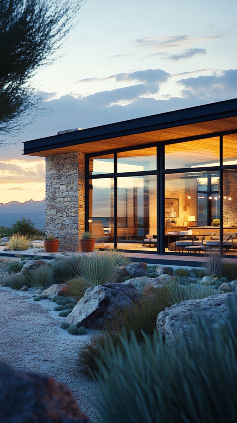 Modern desert home with wide windows showcasing the landscape. Desert Modern House, Sedona House, Modern Desert Home, Dessert House, Vast Landscape, Modern Desert, Desert Mountains, Wide Windows, Desert Homes