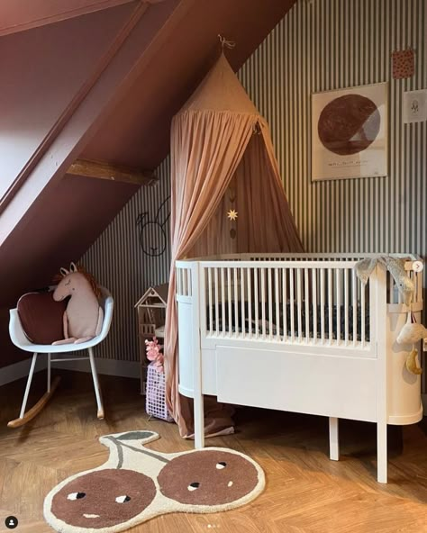 Warm colours and stripes in this nursery Yellow Stripe Nursery, Mauve And Mustard Nursery, Striped Nursery Walls, Guest Room Nursery, Striped Nursery, Nursery Guest Room, Stripped Wall, Striped Room, Prince Edward County