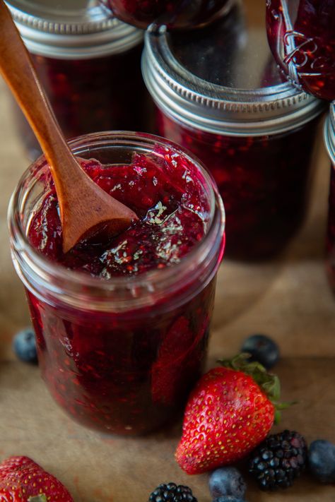 Mixed Berry Jam: Canning Recipe — Under A Tin Roof™ Berry Preserves Recipes, Mixed Berry Preserves, Mixed Berry Jam Canning, Mixed Berry Jelly Recipe, Mixed Berry Jam With Frozen Berries, Mixed Berry Jam Recipe With Pectin, Mixed Fruit Jelly Recipe, Bumbleberry Jam, Mixed Berry Jelly