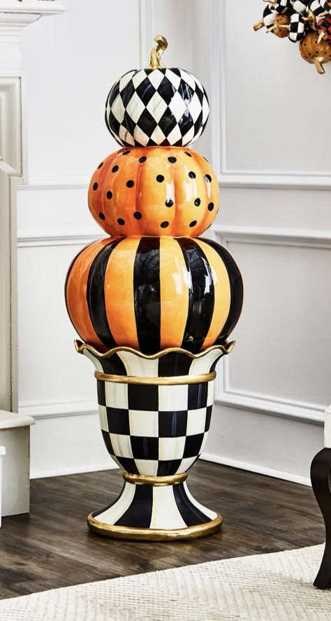 Mackenzie Childs Diy, Fun Diy Halloween Decorations, Mckenzie And Childs, Mackenzie Childs Inspired, Pumpkin Topiary, Halloween Decor Diy, Halloween Decorating Ideas, Stacked Pumpkins, Diy Pumpkin