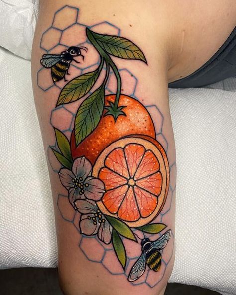 Fruit Tattoos, Tattoo Vision Board, Hannah Tattoo, Designs For Tattoos, Peach Tattoo, Bee Tattoos, Tattoo Cover Ups, I Want A Tattoo, Neo Traditional Tattoos