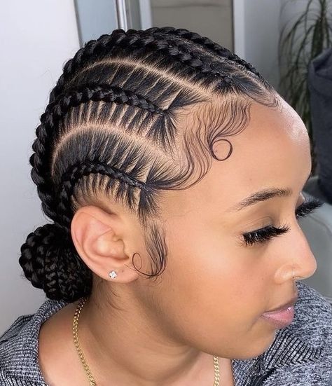 Modern Hairstyles For Black Women, Cornrow Hairstyles Into A Bun, Braided Cornrow Bun Hairstyles, Corn Rows For Women, Corn Row Bun Black Women, Feeding Braids Hairstyles Cornrows, 4 Conrows Lines For Black Women, Corn Rows Into Bun, Cornrow Braids Bun