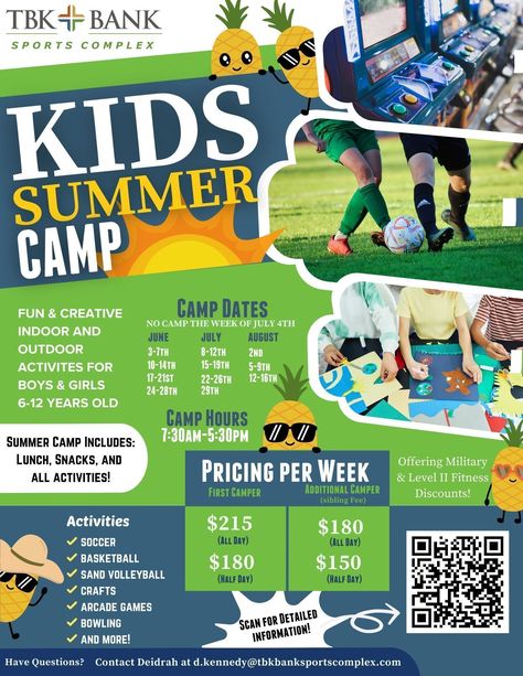 Looking for the perfect summer solution to keep your kids active and entertained? Look no further! Our summer camp at TBK Bank Sports Complex has it all! From June 3rd to August 16th, children aged 6-12 can enjoy a wide range of sports activities including soccer, basketball, sand volleyball, along with crafts, arcade games, bowling, and more! It's the ultimate summer destination for endless fun and excitement! Sports Summer Camp, Summer Camp Sports, Kids Summer Camp, Spring Break Camping, Sand Volleyball, Soccer Camp, Sports Team Banners, Date Activities, Spring Camping