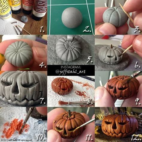 How to make your own clay pumpkin miniature! Check out the full description with color references and material used on my Facebook page www.facebook.com/JFStahl or on my INSTAGRAM account : jeffsta... Fimo Halloween, Make Your Own Clay, Polymer Clay Kunst, Pumpkin Tutorial, Clay Pumpkin, Polymer Clay Halloween, Halloween Clay, Halloween Miniatures, Polymer Clay Sculptures