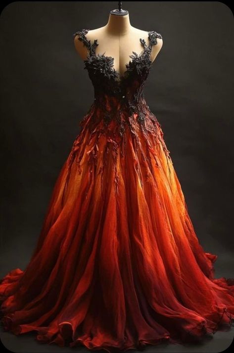 Fire Element Outfit, Fire Themed Outfits, Mage Clothing, Zodiac Outfits, Witch Aesthetic Outfit, Orange Dress Wedding, Black And Orange Dress, Gothic Gowns, Warrior Outfit