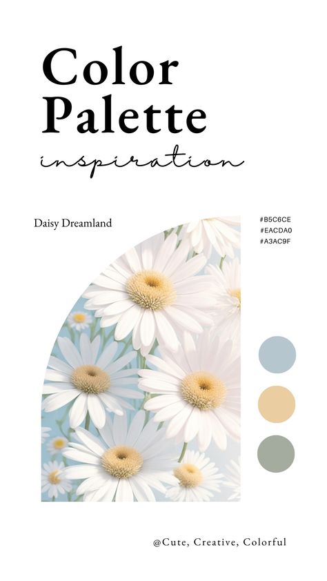 Daisy Inspired Wedding, Daisy Wedding Theme Color Schemes, Daisy Colour Palette, Daisy Moodboard, Daisy Color Palette, Baby Shower Color Palette, Daisy Themed Wedding, Daisy Wedding Theme, Color Palette Pastel