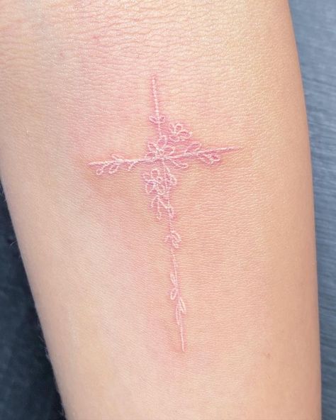 Aesthetic White Tattoo, White Ink Dainty Tattoos, White And Pink Tattoo, Tiny White Tattoos, White Ink Cross Tattoo, Small White Tattoo For Women, Light Colored Tattoos, Pink Back Tattoo, Pink Line Tattoo