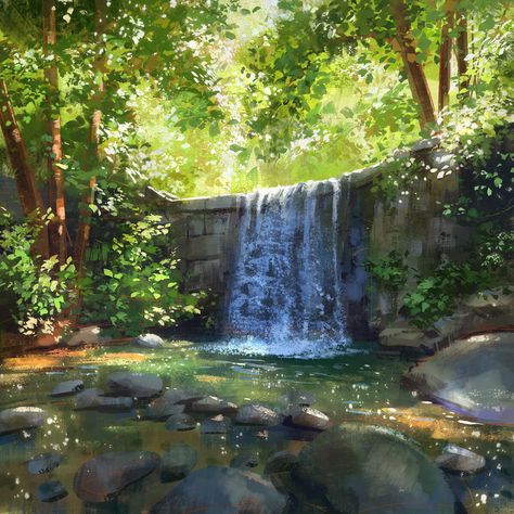 Hidden Waterfall, Dreamy Landscapes, Lake Art, Forest Painting, Fantasy Concept Art, Water Painting, Cool Backgrounds, Nature Paintings, Fantasy Landscape