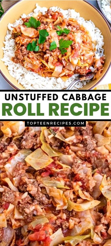 We all want to eat delicious food but let’s face it. We don’t always have the time to make very elaborate recipes. Stuffed cabbage rolls are unique dishes that take a long time to complete. If you love this dish as much as I do, unstuffed cabbage rolls will change the way you make it forever. Unstuffed Cabbage Recipes, Unstuffed Cabbage Casserole, Cabbage Ground Beef, Cabbage Roll Recipe, Beef Casseroles, Unstuffed Cabbage Rolls, Cabbage Roll Casserole, Unique Dishes, Stuffed Cabbage Rolls