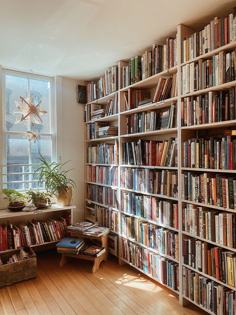 Floor To Ceiling Bookshelves Apartment, Home Library Realistic, Room Full Of Books Aesthetic, House Full Of Books, Large Bookcase Living Room, Books On Floor Aesthetic, Bookshelf In Wall, Small House Library, Bookshelf Mural