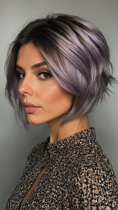 Hair Color Ideas for Brunettes for 2024 Edgy Natural Hair Color, Short Hair Fun Color Ideas, Purple And Gray Hair, Gray And Purple Hair, Smokey Lilac Hair, Edgy Natural Hair, Purple Gray Hair, Purple Short Hair, Vibrant Hair Color Ideas