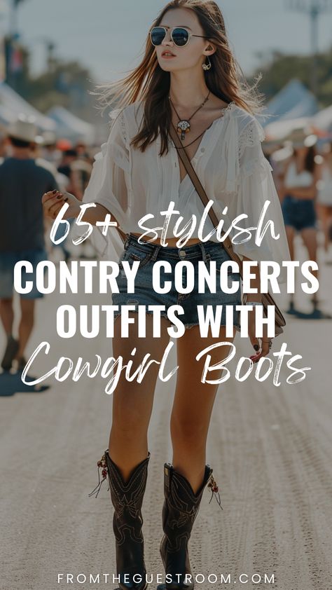 a woman wears cowgirl boots for country concert Outfit Idea For Country Concert, Country Coachella Outfit, Cute Country Festival Outfits, Cowboy Denim Outfit, Coachella Outfit Cowgirl, Country Concert Outfit Modest, Outfit For Country Concert Summer, Summer Country Concert Outfit Over 40, Country Concert Outfit Ideas Without Boots