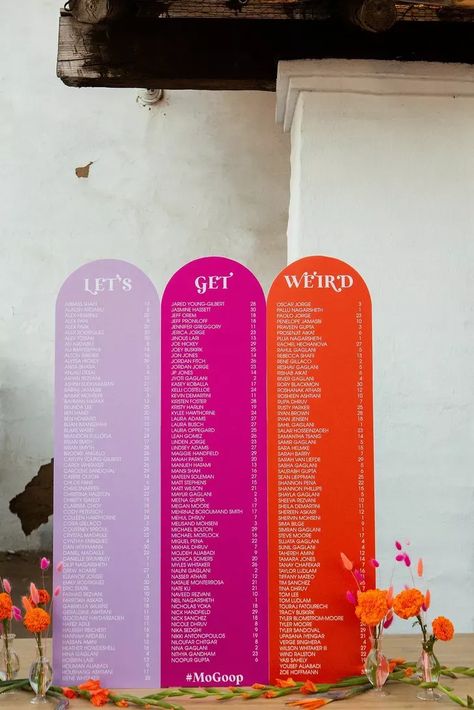 Retro Seating Chart Wedding, Table Numbers Wedding Colorful, Bright Wedding Signage, Pink Orange Lavender Wedding, Pink Wedding Seating Chart, Retro Wedding Seating Chart, Funky Wedding Signage, Bright Wedding Stationery, Unique Table Number Ideas