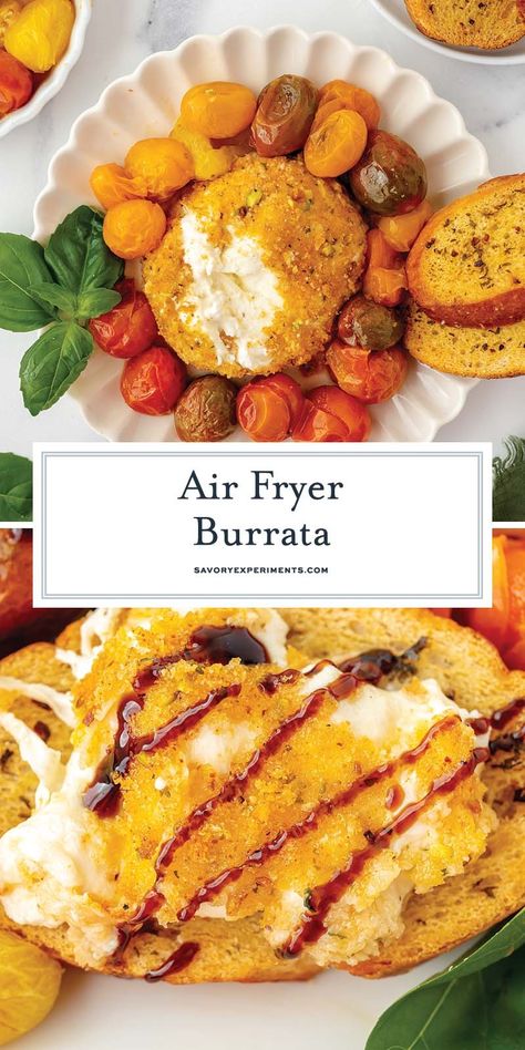 With a crispy breadcrumb and pistachio breading and ooey-gooey inside, this Air Fryer Burrata is going to be your new favorite appetizer! Air Fryer Burrata Food And Wine, Fried Burrata Air Fryer, Air Fried Burrata, Air Fryer Burrata, Burrata Appetizer, Pistachio Bread, Fried Cheese Curds, Breakfast Burger, Cheesy Recipes