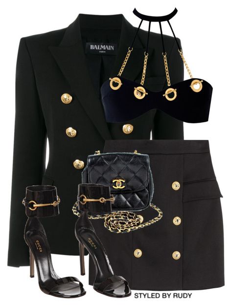 "Untitled #744" by styledbyrudy ❤ liked on Polyvore featuring Balmain, Agent Provocateur, Chanel and Gucci Luxury Thigh High Platform Boots For Party, Elegant Luxury Over-the-knee Platform Boots, Gold Outfit Black Women, Black And Gold Outfits, Black Gold Outfit, Chanel Black And Gold Dress, Ssense Fashion, Chanel Black Dress With Chains, Black And Gold Outfit