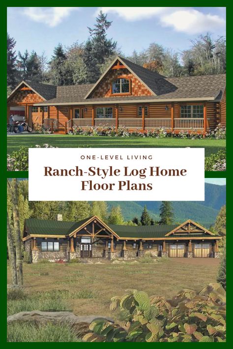 A traditional log home ranch has one long roof ridge, with a fairly shallow pitch. The home’s horizontal lines look best on a flat site, but can appear more modern on a slope. Metal roofs are a wise pick for standing up to the hot sun and drifting snow. The ranch house should feel communal, with a wide-open sense of welcome. Wrap-around porches look great on a ranch home, and permit entry at a number of places. Find a ranch house plan that's perfect for you and your family. Ranch Style Log Homes, Log Cabin Ranch Style Homes, Horse Ranch House Plans, Big Ranch House, Homes With Wrap Around Porches, Ranch House Floor Plans, Timber Home, Log Home Living, Metal Roofs