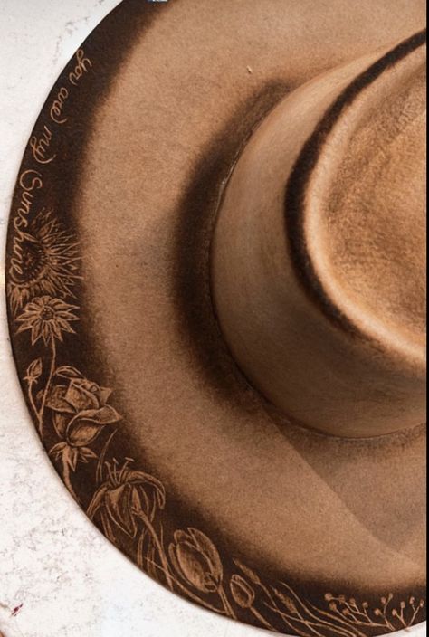 Wood Burning Cowboy Hat, Ranch Hats, Hat Customization, Burn Hats, Decorative Hats, Cowboy Hat Crafts, Burned Hats, Western Inspiration, Cowboy Hat Design