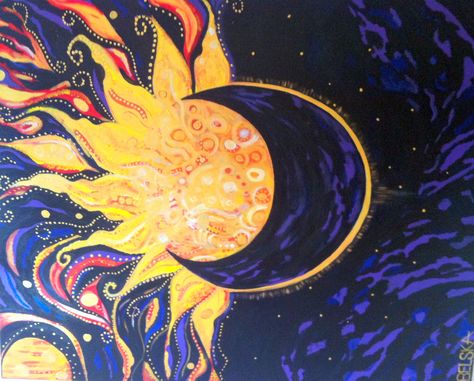 ☼ Sun & Moon ☾ Sun And Moon Abstract Art, Sun And Moon Acrylic Painting, Abstract Sun Painting, Sun Paintings, Sun And Moon Painting, Eclipse Art, Sun And Moon Art, Stars Painting, Artistic Drawings