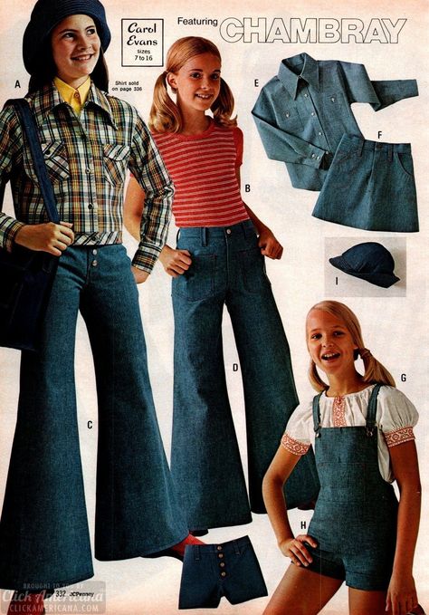 Page from a 1970's JCPenney Catalog #vintagejcpenney #VintageKidsClothes 70s Bell Bottoms Outfits, 70s Girl, 70s Clothing, Outfits 70s, 60s 70s Fashion, 60s And 70s Fashion, 70s Inspired Fashion, 70s Outfits, 70’s Fashion