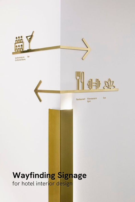 Gold Metal Wayfinding Signage for hotel amenities navigation in a sleek, modern font Hotel Signage, Wayfinding Signage Design, Office Signage, Wayfinding Signs, Wayfinding Design, Wayfinding System, Signage System, Environmental Graphic Design, Wayfinding Signage