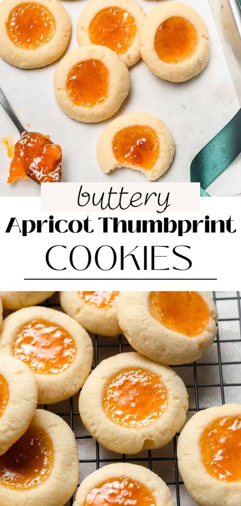 These apricot thumbprint cookies are so simple and tasty. They're made with a shortbread-like dough filled with tart apricot preserves or jam that balances the sweetness beautifully. They're perfect for any Christmas cookie box! Apricot Jam Uses, Italian Apricot Cookies, Apricot Cookie Bars, Apricot Jam Dessert Recipes, Apricot Tarts Mini, Apricot Jam Cookies Recipe, Jelly Center Cookies, Apricot Preserves Dessert, Recipes Using Apricot Preserves