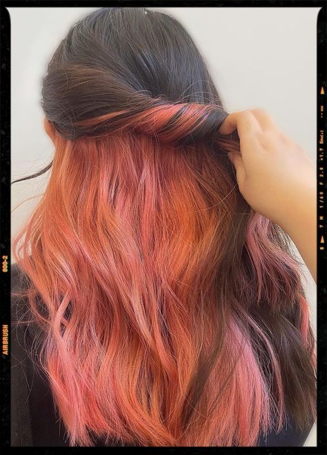 Hair Color Idea - Peekaboo Hair Peach Underdye Hair, Peekaboo Hair Updo, Coral Peekaboo Hair, Pink Peekaboo Hair Brown, Panels Of Color In Hair, Peak A Boo Pink Hair Color, Picaboo Hair Color, Unique Haircolors, Hair Dye Peekaboo