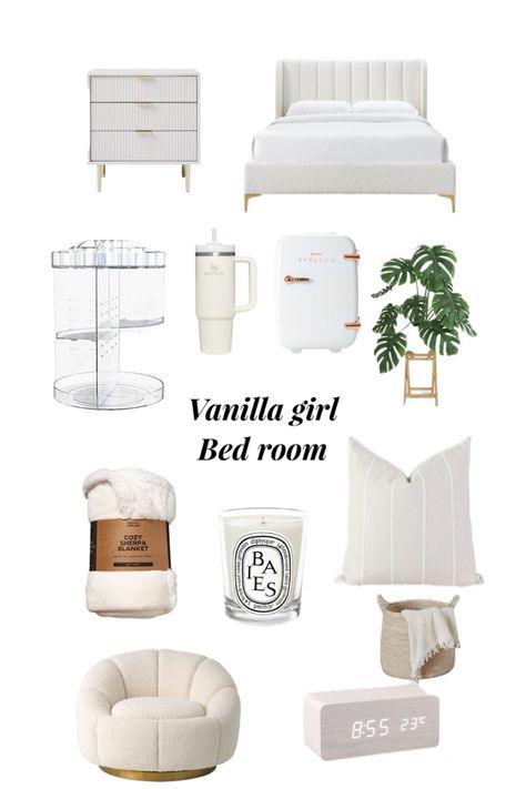 Vanilla girl bed room, aethetic room decor, soft colors, with a bed, side table,plants, mini fridge, comfortable chair, soft blanket, vanilla candel Vanilla Bedroom, Vanilla Girl Bedroom, Room Decor Essentials, Vanilla Aesthetic, Room Wishlist, Girl Bed, Beige Room, White Room Decor, Room Redesign