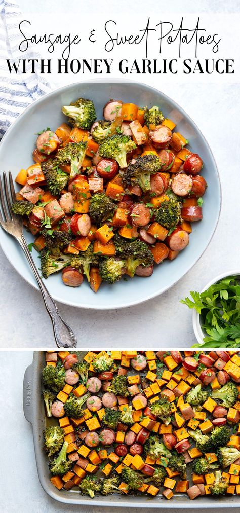 Sheet Pan Sausage, Sheet Pan Dinners Recipes, Honey Garlic Sauce, Salad Pasta, Simple Dinner, Health Dinner, Health Dinner Recipes, Sheet Pan Dinners, Honey Garlic