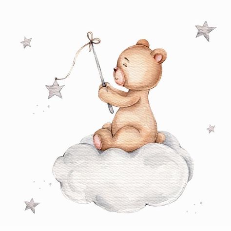 Baby Shower Sweets Table, Sitting On Cloud, Teddy Bear Poster, Neutral Baby Room, Teddy Bear Sitting, Nursery Drawings, Nursery Space, Teddy Bear Nursery, Bear Poster