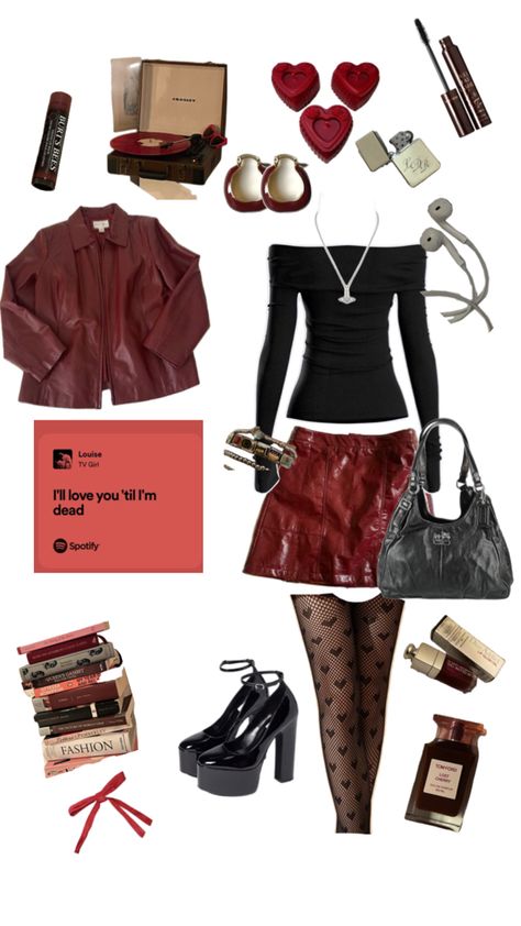 tv girl, french exit, tv girl outfit, aesthetic, outfit inspo, black and red, leather jacket, inspiration, louise Tv Girl French Exit, Jacket Inspiration, French Exit, Red And Black Outfits, Girl In Red, Tv Girl, Red Fits, Concert Fits, Tv Girls