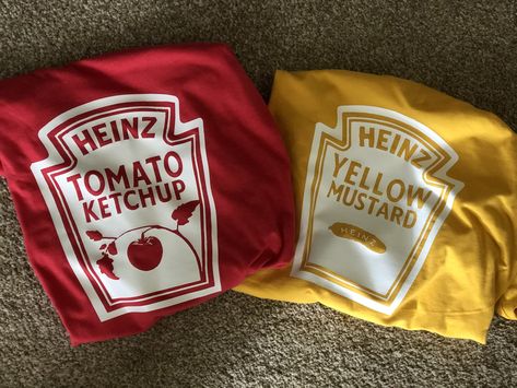 Heinz Ketchup and Mustard Halloween costumes. Made with a cricut with Siser iron on white vyinl.  #cricut #halloween  #craft #ironon #vyinl #ketchup #mustard #costume Ketchup Halloween Costume, Ketchup And Mustard Halloween Costumes, Cricut Costumes Diy, Ketchup Mustard Costume, Ketchup And Mustard Costumes Diy, Diy Ketchup Costume, Mustard And Ketchup Costume, Ketchup Costume Diy, Cricut Halloween Costumes