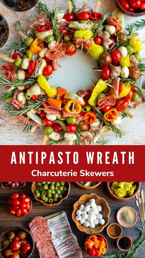 Kick off your holiday party with this festive low carb Italian Antipasto Wreath Charcuterie Skewers Christmas appetizer ! It’s an easy, make-ahead low carb grazing platter that doubles as a Christmas holiday table decoration. #antipasto #antipastowreath #christmasappetizer #lowcarbappetizer #easynobakeappetizer #Italianappetizer #skewers Wreath Charcuterie, Antipasto Wreath, Charcuterie Skewers, Low Carb Italian, How To Make Bruschetta, Grazing Platter, Toasted Crostini, Italian Antipasto, Antipasto Skewers