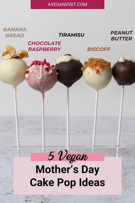 A row of five different cake pops, all with different flavours Raspberry Cake Pops, Vegan Cake Pops Recipe, Mothers Day Cake Pops, Banana Bread Cake Pops, White Chocolate Banana Bread, Vegan Cake Pops, Cake Pop Ideas, Cake Pop Flavors, Raspberry Tiramisu