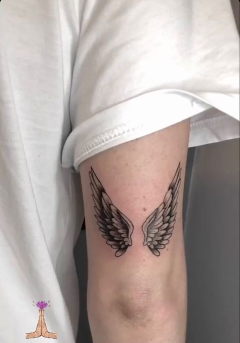 Angel Wings Tattoo Elbow, Small Wing Tattoo Men, Wings Elbow Tattoo, Hiphop Tattoo Ideas, Elegant Tattoos Men, Above Elbow Tattoo, Tricep Tattoos, Wing Tattoo Men, Line Tattoo Ideas