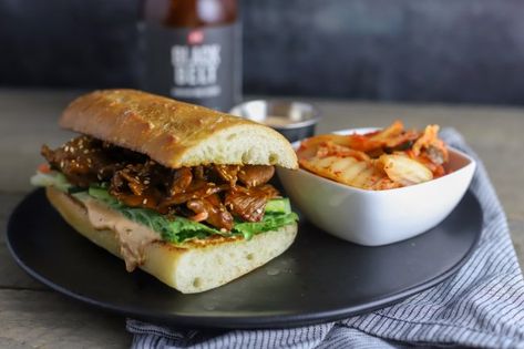 Bulgogi Beef Sandwich Bulgogi Sandwich Recipe, Bulgogi Sandwich, Korean Sandwich, Bbq Beef Sandwiches, Korean Bulgogi, Korean Bbq Beef, Korean Bbq Sauce, Ny Strip Steak, Pulled Beef