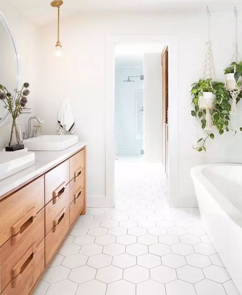 Bedrosians Tile & Stone White Hexagon Bathroom, White Hexagon Tile Bathroom, Hex Tiles Bathroom, Hexagon Tile Bathroom Floor, Hexagon Tile Bathroom, White Hexagon Tiles, Purple Bathroom Decor, Brown Bathroom Decor, Purple Bathrooms