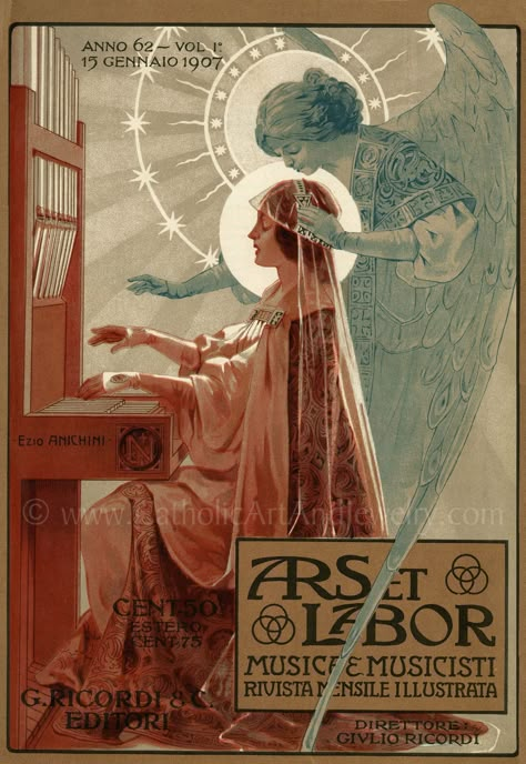 "\"St. Cecily (Cecilia)\" Ezio Anichini Ezio Anichini is one of our all-time favorite artists. Working mainly in the Art Nouveau style (or Stile Liberty) of the early 20th Century, he was the master of dreamy religious portraits. Famous for his Litany of Loreto, less known are his extensive magazine covers he did for arts magazines in Italy, where he was often able to incorporate his Catholic faith into his assignments and promote Catholicism from the newsstands. In this one from 1907, Arts and St Cecilia, Edmund Dulac, Walter Crane, Santa Cecilia, Art Nouveau Illustration, Art Nouveau Design, Elegant Art, Catholic Art, Timeless Art