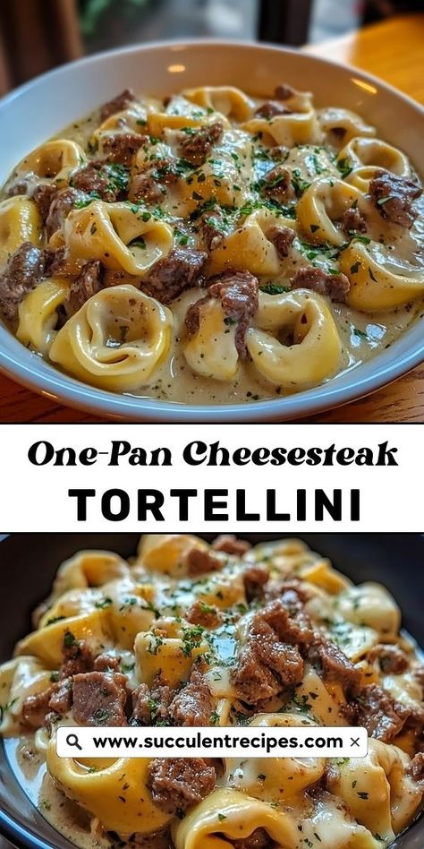 All the flavors of a Philly cheesesteak in an easy, cheesy tortellini dish with a smooth provolone sauce! Cheesesteak Tortellini Crockpot, Cheesestake Tortellini, Steak Tortellini Alfredo, Philly Cheese Tortellini, Steak And Ravioli, Cheese Steak Tortellini, Philly Cheese Steak Tortellini Pasta, Steak And Tortellini Recipes, Steak Tortellini Recipes