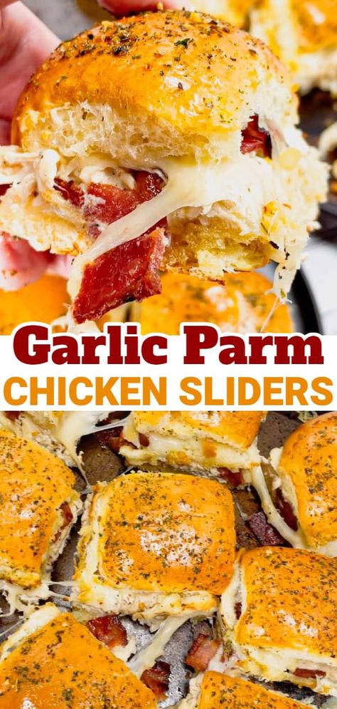 Garlic Parmesan Chicken Sliders are a delicious mini sandwich recipe loaded with shredded rotisserie chicken, bacon, provolone, mozzarella, cream cheese and Buffalo Wild Wings Parmesan Garlic Sauce. Recipes Using Provolone Cheese, Chicken Alfredo Sliders, Rotisserie Chicken Sliders Recipes, Rotisserie Chicken Sliders, Ranch Chicken Sliders, Shredded Chicken Sliders, Chicken Sliders Recipes, Mini Sandwiches Recipes, Parmesan Garlic Sauce