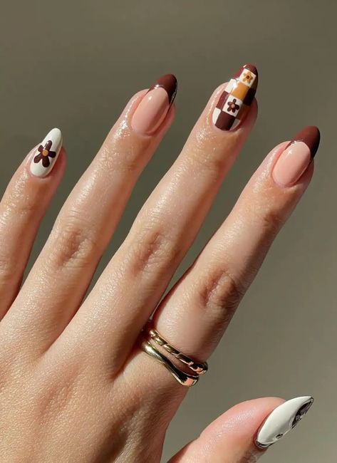 Fall Nails 2023 Checkered, Brown Checkerboard Nails, Checkered Fall Nails, Fall Checkered Nails, Brown Checkered Nails, Check Nails, Fall Plaid Nails, Nail Ideas For 2023, Checkerboard Nails