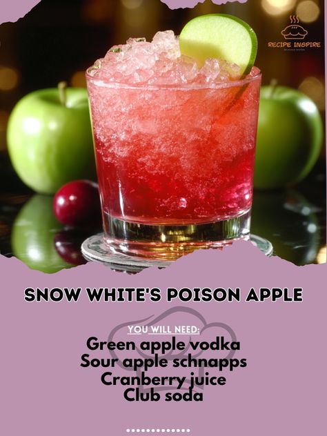 🍎🍹 Unleash your inner villain with this tempting Snow White’s Poison Apple – a dangerously delicious treat! 🖤🍏 #PoisonApple #HalloweenCocktails Snow White's Poison Apple Ingredients: Green apple vodka (2 oz) Sour apple schnapps (1 oz) Cranberry juice (1 oz) Club soda (to top) Ice (as needed) Instructions: Shake vodka, schnapps, and cranberry juice with ice. Strain into a glass over ice. Top with club soda. Garnish with a green apple slice for a wicked finish! Embrace the dark magic of thi... Green Apple Alcohol Drinks, White Alcoholic Drinks, Green Apple Vodka, Apple Schnapps, Bartender Drinks Recipes, Apple Vodka, Apple Slice, Apple Drinks, Bartender Drinks