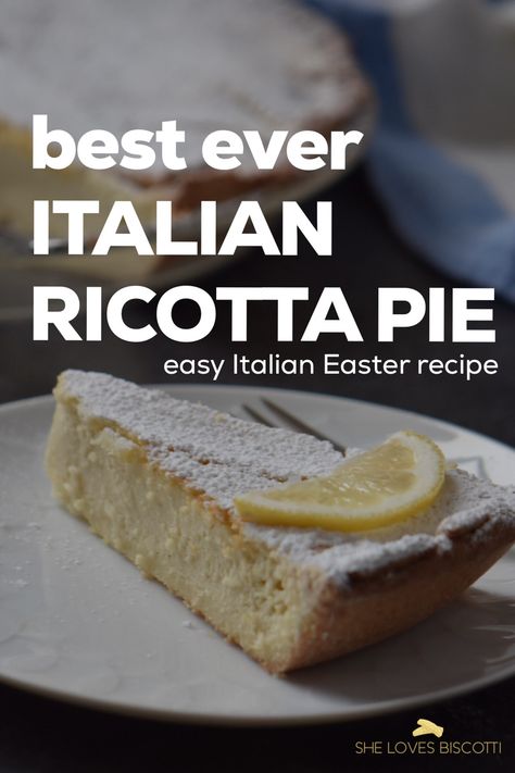 A slice of ricotta pie on a white dessert plate. Ricotta Easter Pie, Italian Ricotta Pie, Easter Italian, Ricotta Pie Recipe, Italian Easter Recipes, Ricotta Dessert, Italian Easter Pie, Easter Deserts, Ricotta Pie